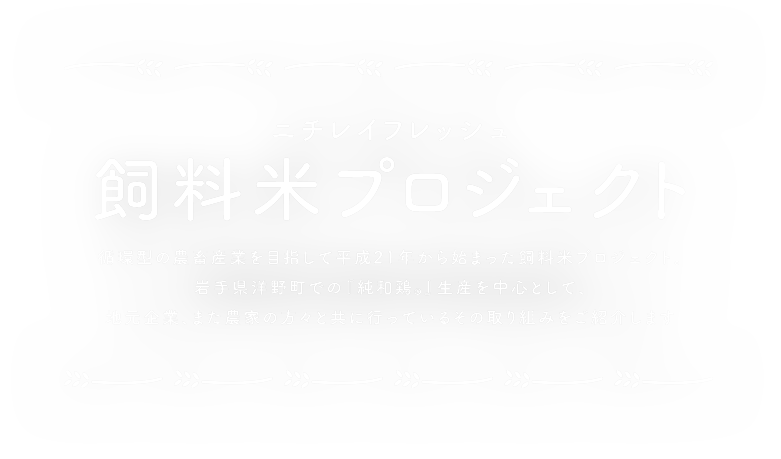 ニチレイフレッシュ 飼料米プロジェクト 循環型の農畜産業を目指して平成21年から始まった飼料米プロジェクト。岩手県洋野町での「純和鶏」生産を中心として、地元企業、また農家の方々と共に行っているその取り組みをご紹介します